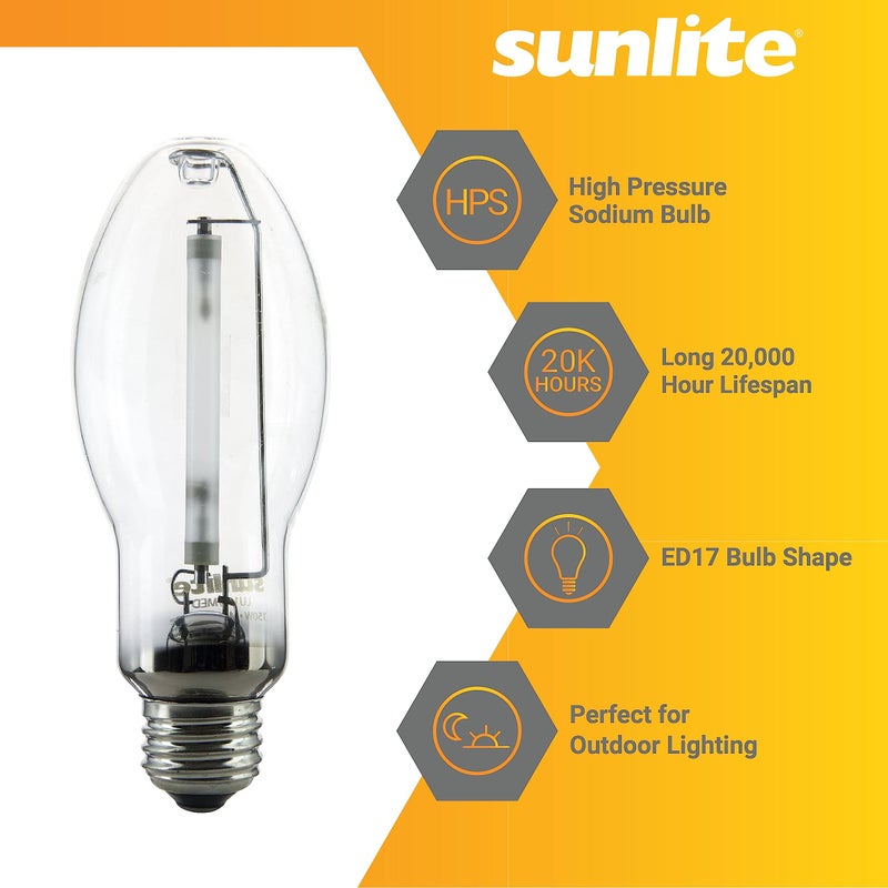 Sunlite 03620-SU LU150/MED High Pressure Sodium Light Bulb, 150 Watts, ED17/MED, Medium Base (E26), ANSI Code S55, 15000 Lumen, 20000 Life Hours, Clear, 2100K - Image 3